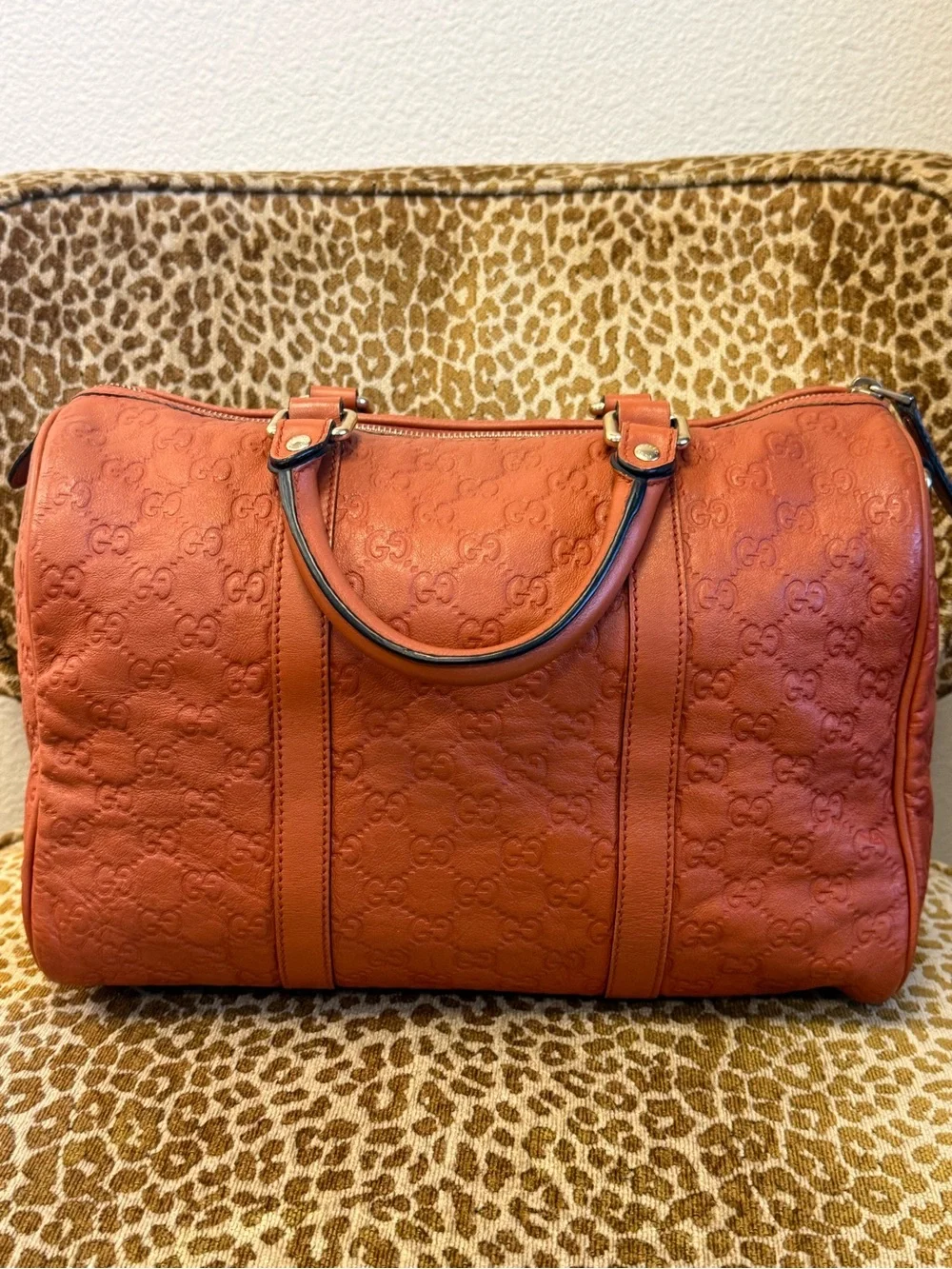 💯Authentic! GUCCI GG Guccissima Medium Joy Boston Bag Brown/Orange/Rust Leather